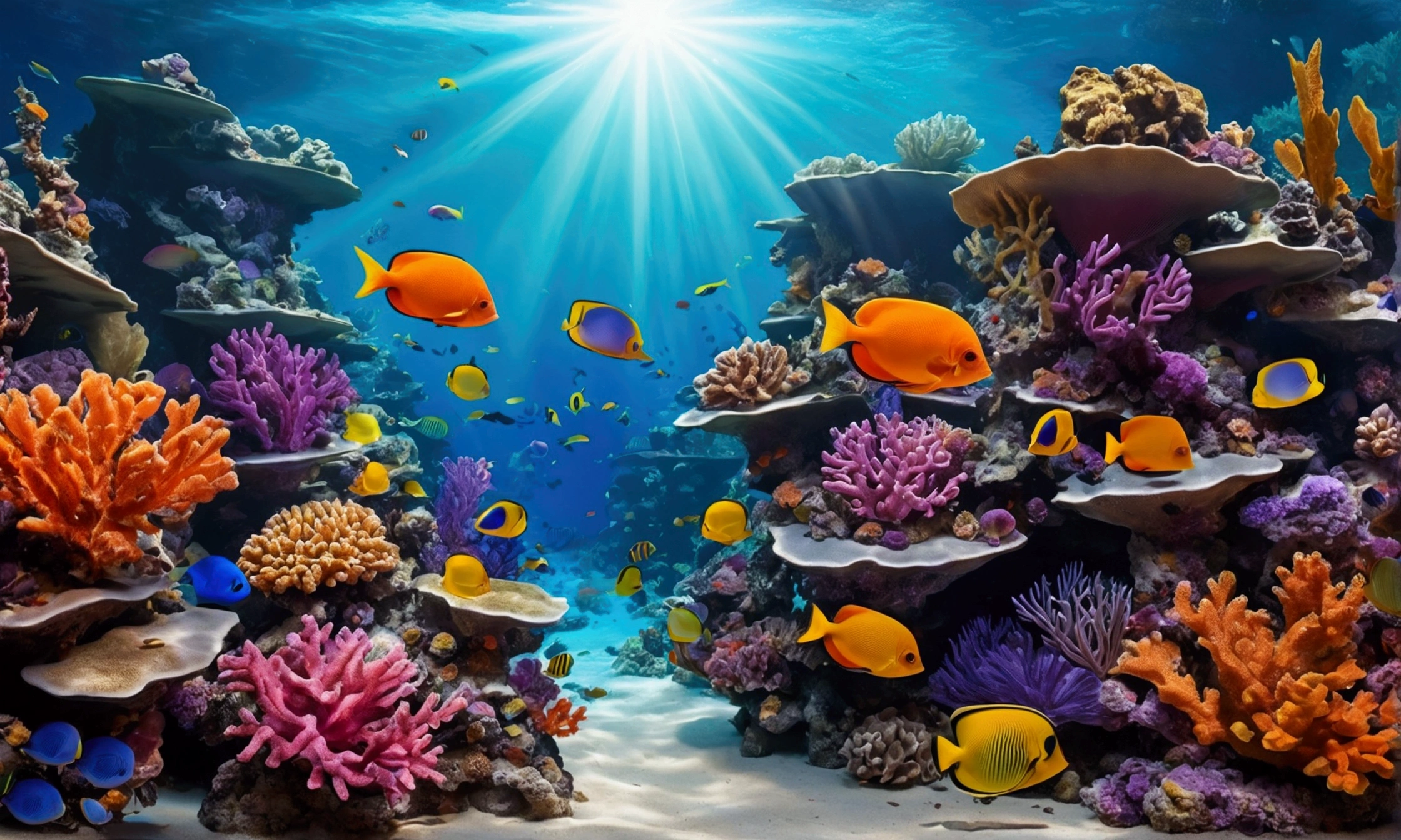 Tropical Underwater Landscape:
A vibrant tropical coral reef, teeming with exotic fish, powder, and marine plants in bright shades of orange, cerulean, green and purple. Sunlight filters through the crystal clear water, creating high contrast shadow and light effects.
