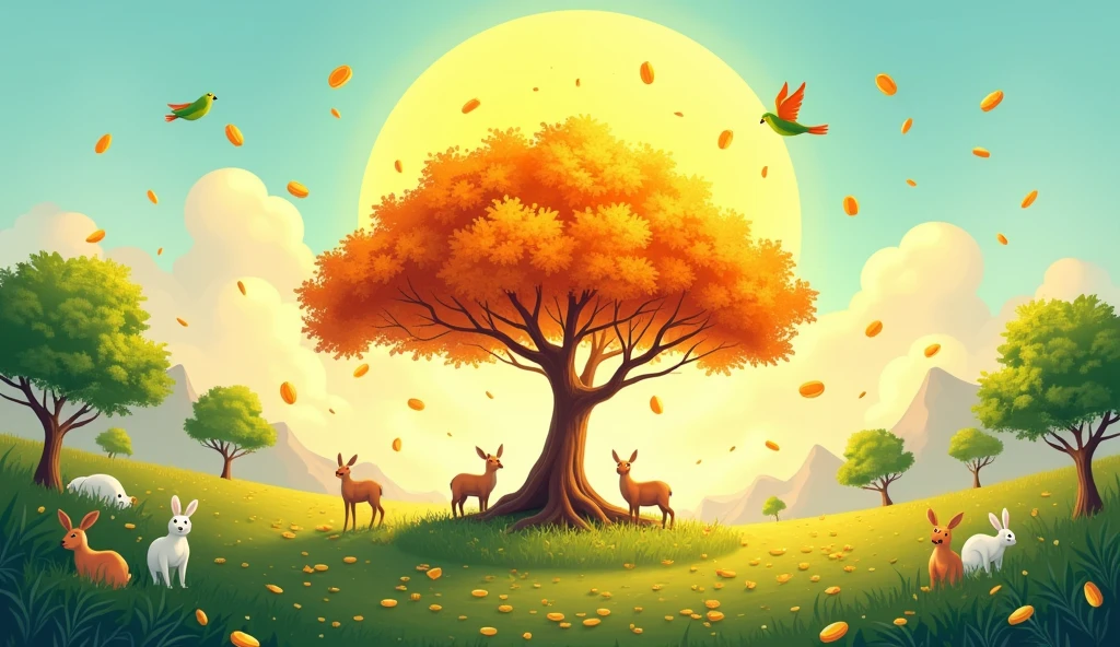 A vibrant vector art wall painting in landscape orientation. The scene features a 3D-shaped 'Kalpa Vriksha' spreading widely with small stem as the central focus, with the sun well above the tree, casting a warm glow. Very few small gold coins gently falling from the tree are clearly visible. The surrounding area includes lush green grass and few small tress in the background with small animals like deer and white rabbits near the Kalpa Vriksha. The sky is a soft blue morning hue with a few cute birds and green parrots flying. The colors are vibrant and designed to match yellow color palletes.