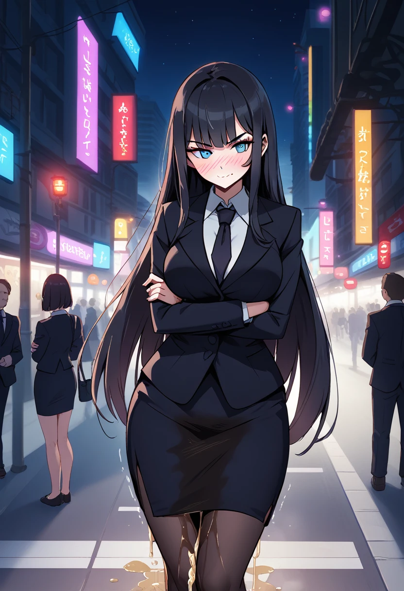 1girl, woman, (wetting self:1.75), desperation, (very long hair:1.5), straight hair, medium bangs, huge breasts, black hair, blue eyes, (black business suit:1.5), necktie, long pencil skirt, pantyhose, (blushing:1.5), aroused, orgasm, smirk, wavy mouth, trembling, (arms crossed:1.5), city, street, crowd, night, futuristic, colorful lights, colorful city