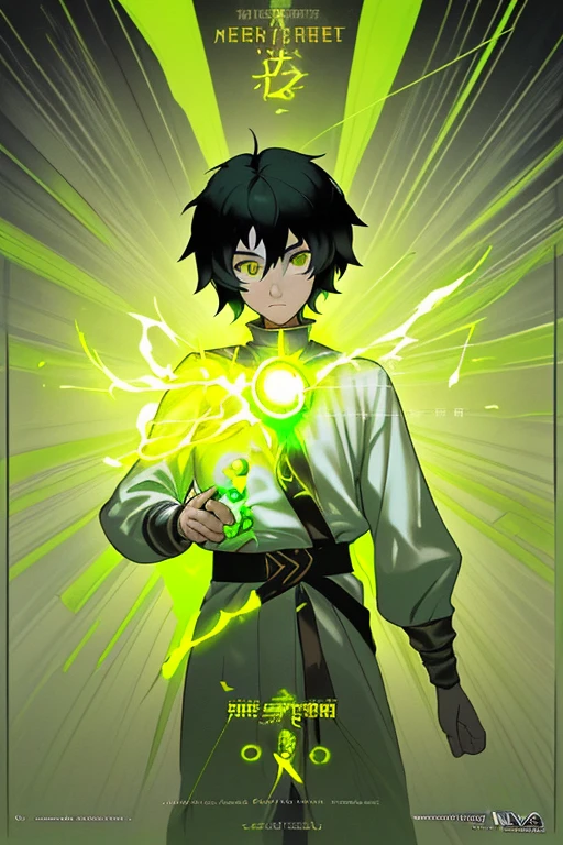 (Best quality, movie poster style), n
"Series Title: The aura of the twenty-first century", World, where every person has memoirs. Our hero will have a green color, yellow and white aura... He will be dressed like a frail and primitive, with black hair. Our hero passes by people with memoirs: 1.2), The perfect combination of elements.