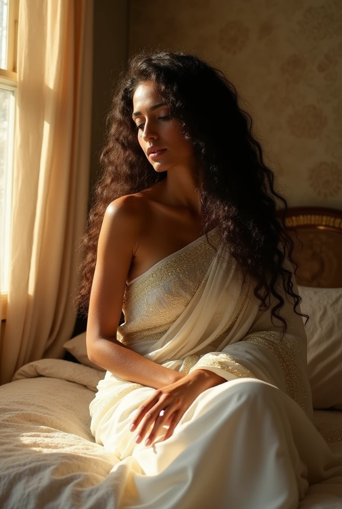 (photorealism:1.2), beautiful hindu bengali woman, sitting on bed, wearing white silk saree , without blouse, long curly hair, indoors, soft lighting, wall in background, window with sunlight, cozy room, relaxed pose, realistic, intricate details, warm colors, by Greg Rutkowski, by Alphonse Mucha,hot