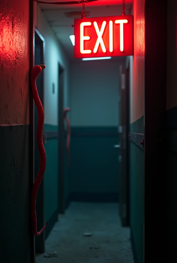 A sad hookworm parasite with a sign of "Exit" at the door