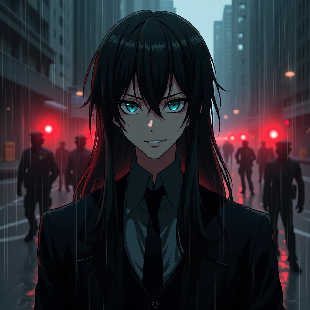 A young sexy male with delicate facial features, long black hair, teal blue eyes, long eyelashes, and gothic black and red clothes. He's a long-wanted serial killer. ((((scary)))) Blood. malicious, insane expression. No facial or body hair. Anime. ((((((((Male, boy)))))))) (Horror) BITCH, MAKE IT MALE. Cops are trying to catch after him. Running. Raining. Vampire. Dark. Red highlights. Red sky. Mysterious. Midnight. Cartoon. Polices running after him