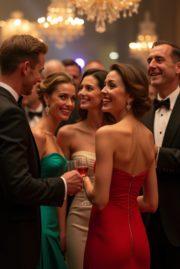 A lively photorealistic scene of a charity party, imbued with sincere emotions and humanity. Elegant high society ladies in luxurious evening gowns of various bright colors, their faces lit up with broad smiles and shining eyes expressing joy and enthusiasm. Their gallant cavaliers - wealthy men in tuxedos and tails - are warmly and attentively chatting with their beautiful companions, their faces also glowing with life and enthusiasm. A few anthropomorphic cyborgs glimpse among the guests, but they fit so naturally into the crowd that it is almost impossible to distinguish them from ordinary people - their faces and manners are also imbued with a lively human feeling.  
The general atmosphere is solemn, yet filled with warmth, openness and a sincere desire to help those in need. Bright colors, upbeat music and soft lighting create the feeling of a festive, but at the same time very human social event. Each of the guests, whether human or cyborg, enthusiastically participates in the noble purpose of the evening. best quality, high quality, absurdres, masterpiece, beautiful, intricate details, 1/2 body crop, slim body, beautiful figure, magnificent anatomy, (intricate details:1.12), HDR, (intricate details, hyper-detailing:1.15), (natural skin textures, hyper realisitc, soft light, Sharp:1.2)
