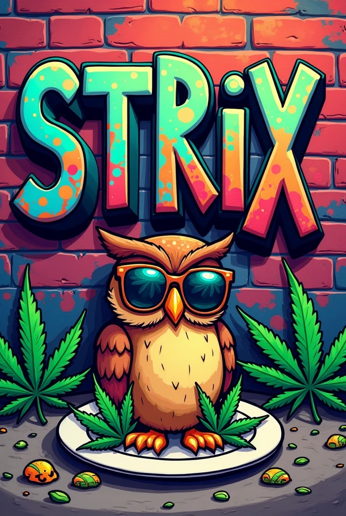Strix word with streetwar style in different sizes with an owl drawn in Cartoon marijuana plate 