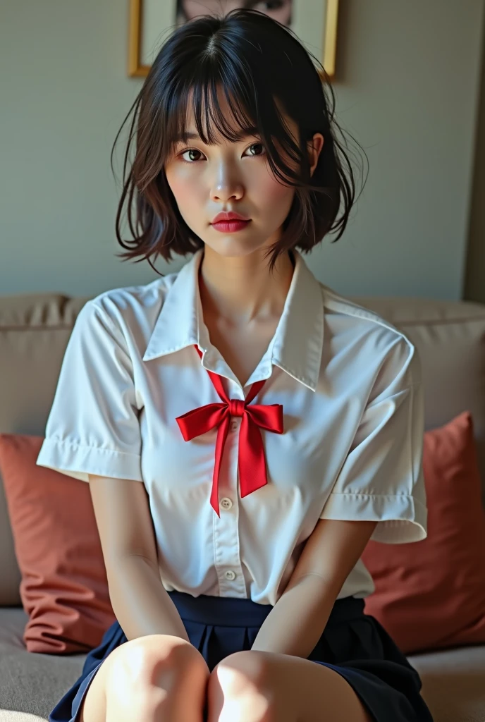 high resolution、high resolution、in 8K、real live action、RAW Photosgraphy、highest quallity、work of art、tabletop、erotic、Youngh、Schoolgirl、white bra,Caucasian skin,knees、(skin-colored pantyhose)、Detailed panty pattern、panty focUS、White lace panties、absurdrez,Small face、Part your bangs in half、The forehead is visible,(cold stare<narrowing Ojo,sheen,Powerful,mild anger)、work of art,highest quallity、超high resolution,RAW Photos,jUSt,Beautiful poop,a person, a personで,shady look,breasts small,whole cos、Very cool、uniforme jk,(photoshotrrealisitic:1.37)、photon mapping,Light blue ribbon,realisitic、cute face,brown Ojo、、(Red bow tie)、物理ベースjUStダリング、potential client、Written limit depth、nblurry background、photoshot,US、cos,beautiful feet, Legs long, Fine legs,Bobcut,(I can see the fringe), lips, Unripe_Ojo, soft nose,(open-collar white shirt), (navy blue pleated skirt(lift up your skirt、White panties are visible), I can see the knees,clothing transparent,Cute Japan、sparkling Ojo、Glossy lips、dynamic pose,short white socks、Showing the dirty sole of a foot raised in the air.