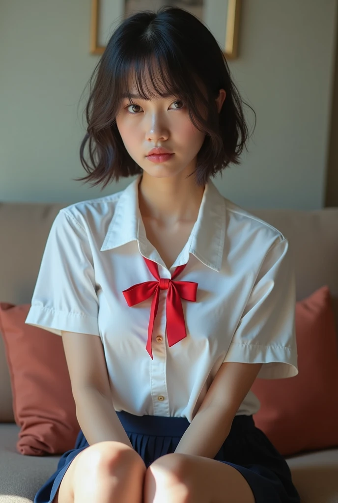 high resolution、high resolution、in 8K、real live action、RAW Photosgraphy、highest quallity、work of art、tabletop、erotic、Youngh、Schoolgirl、white bra,Caucasian skin,knees、(skin-colored pantyhose)、Detailed panty pattern、panty focUS、White lace panties、absurdrez,Small face、Part your bangs in half、The forehead is visible,(cold stare<narrowing Ojo,sheen,Powerful,mild anger)、work of art,highest quallity、超high resolution,RAW Photos,jUSt,Beautiful poop,a person, a personで,shady look,breasts small,whole cos、Very cool、uniforme jk,（photoshotrrealisitic：1.37）、photon mapping,Light blue ribbon,realisitic、cute face,brown Ojo、、(Red bow tie)、物理ベースjUStダリング、potential client、Written limit depth、nblurry background、photoshot,US、cos,beautiful feet, Legs long, Fine legs,Bobcut,(I can see the fringe), lips, Unripe_Ojo, soft nose,(open-collar white shirt), (navy blue pleated skirt(lift up your skirt、White panties are visible), I can see the knees,clothing transparent,Cute Japan、sparkling Ojo、Glossy lips、dynamic pose,short white socks、Showing the dirty sole of a foot raised in the air.