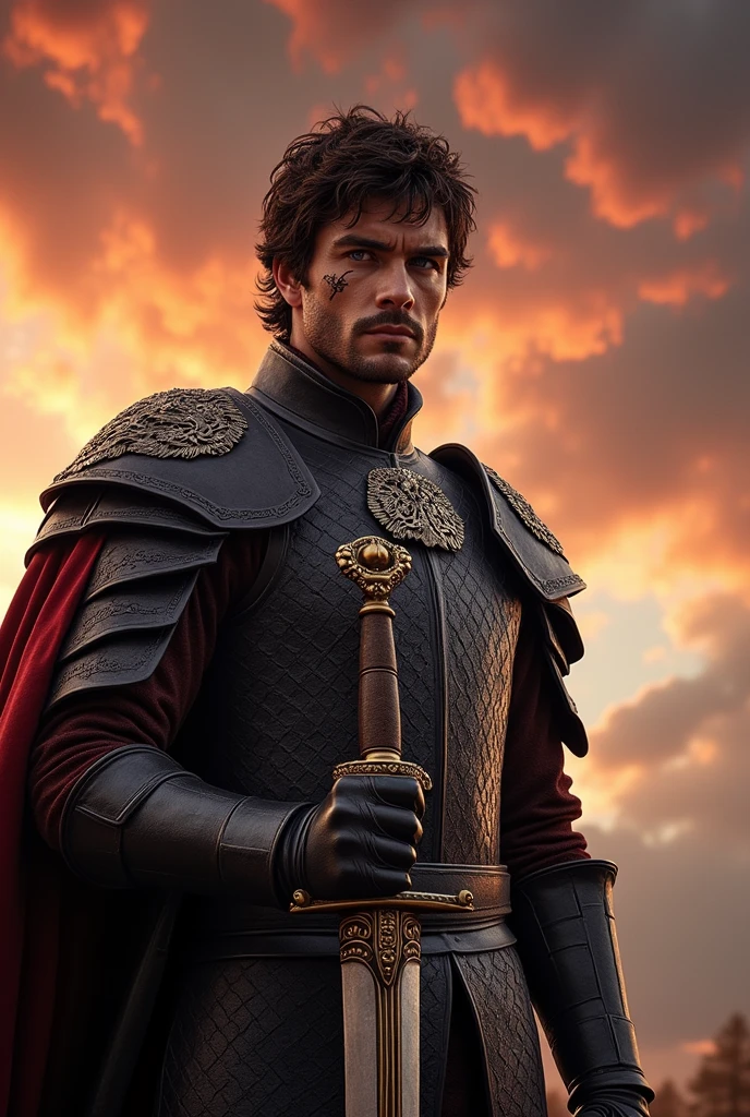 (photorealism:1.2), Targaryen man with short, rough hair, a scar on his cheek and dark violet eyes holding a sword
