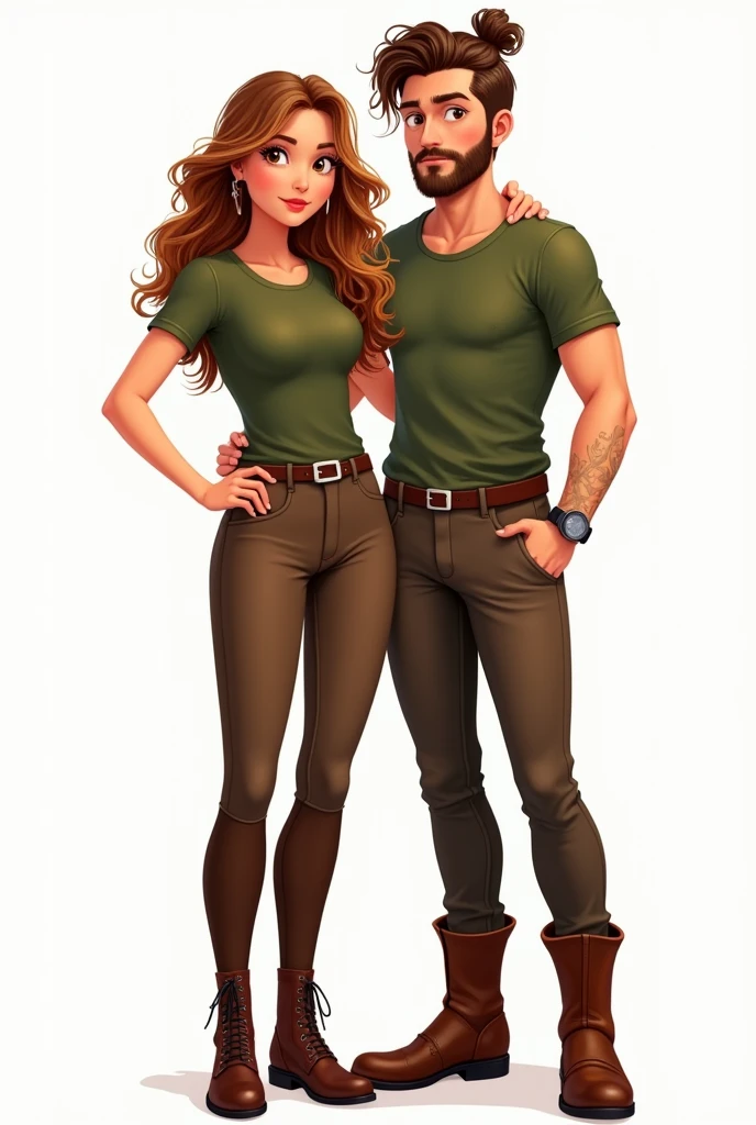 Illustration 2D sur fond blanc. Femme, cheveux longs bouclés châtain avec un ombré hair blond, yeux noisettes, t-shirt vert militaire et pantalon d'équitation marron avec ceinture et boots marron.
Avec un homme, peau claire, cheveux châtain attachés chignon en haut et cheveux du bas lâchés, yeux bleus, barbe d'une semaine, t-shirt vert militaire