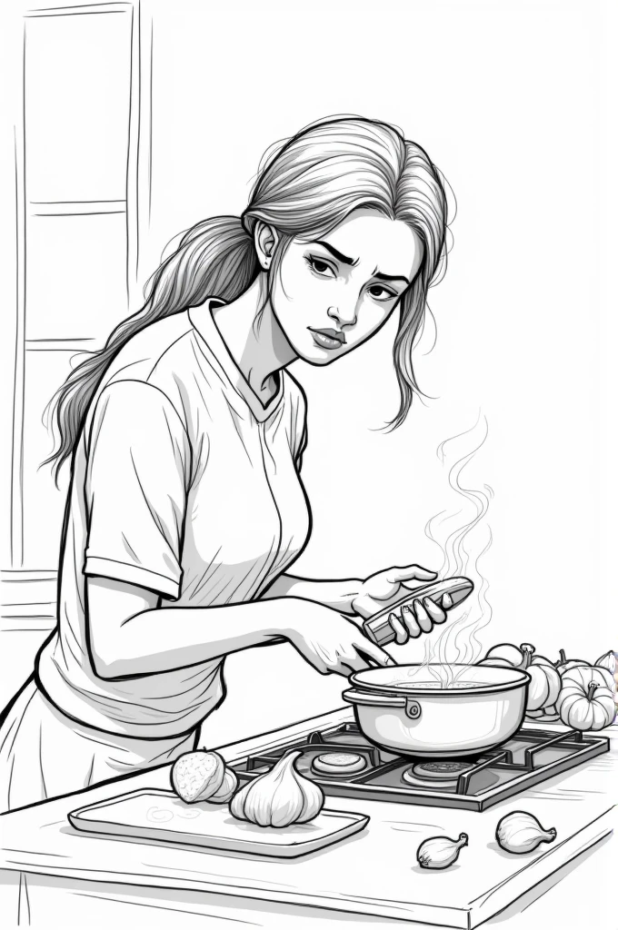 Black and white line drawing semi-close up (Medium shot) Nida sighed, put down the phone, and turned back to cooking, looking worried. (Draw as a line drawing)