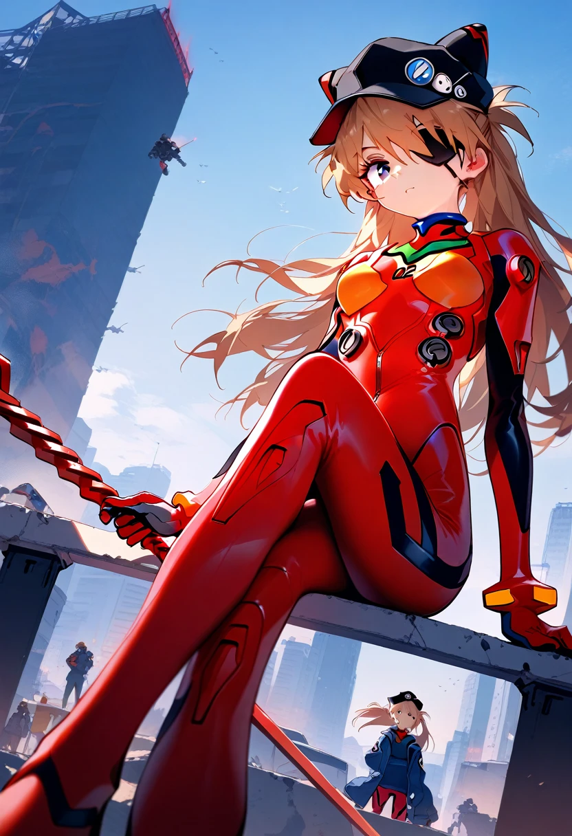 staekinglight, pcpcpc, 1girl, souryuu asuka langley, neon genesis evangelion, rebuild of evangelion, lance of longinus, cat hat, plugsuit, pilot suit, red bodysuit, standing, crossed legs, black eye patch, looking down, from front, looking at viewer, outdoors, city, masterpiece, best quality, absurdres
