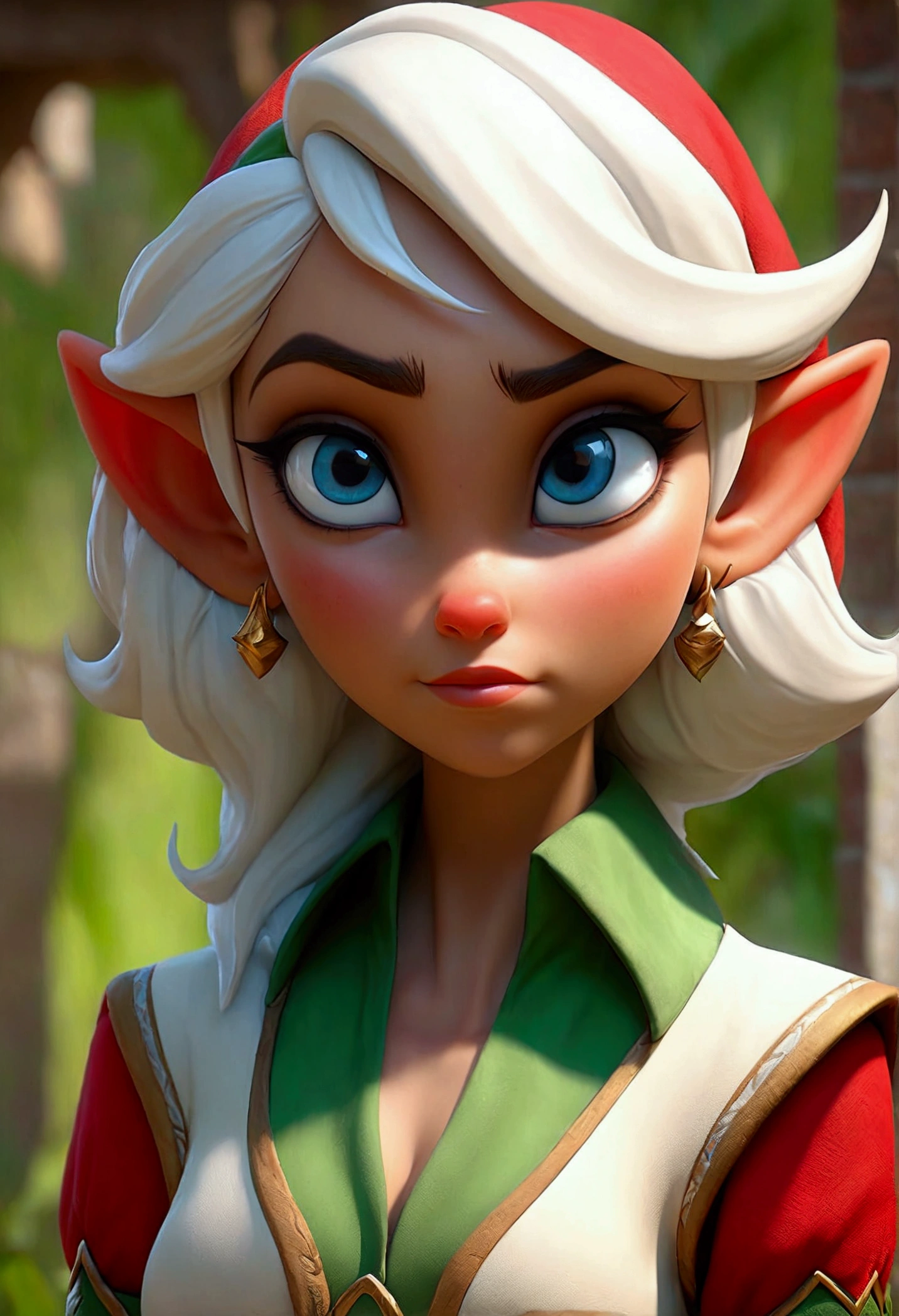 Hyper realistic, masterpiece, volumetric lighting, subsurface dispersion, photorealistic, animated style, volumetric lighting, Best Quality, intricate details, tone mapping, sharp focus, hyper detailed, absurdities, High resolution, Extremely fine full-body professional photography of, aura bella fiora, Red shirt, white vest, white pants, glove, green right eye, blue left eye, Elf&#39;s ears, pointy ears,huge butt
