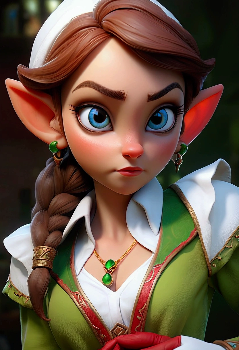 Hyper realistic, masterpiece, volumetric lighting, subsurface dispersion, photorealistic, animated style, volumetric lighting, Best Quality, intricate details, tone mapping, sharp focus, hyper detailed, absurdities, High resolution, Extremely fine full-body professional photography of, aura bella fiora, Red shirt, white vest, white pants, glove, green right eye, blue left eye, Elf's ears, pointy ears,huge butt