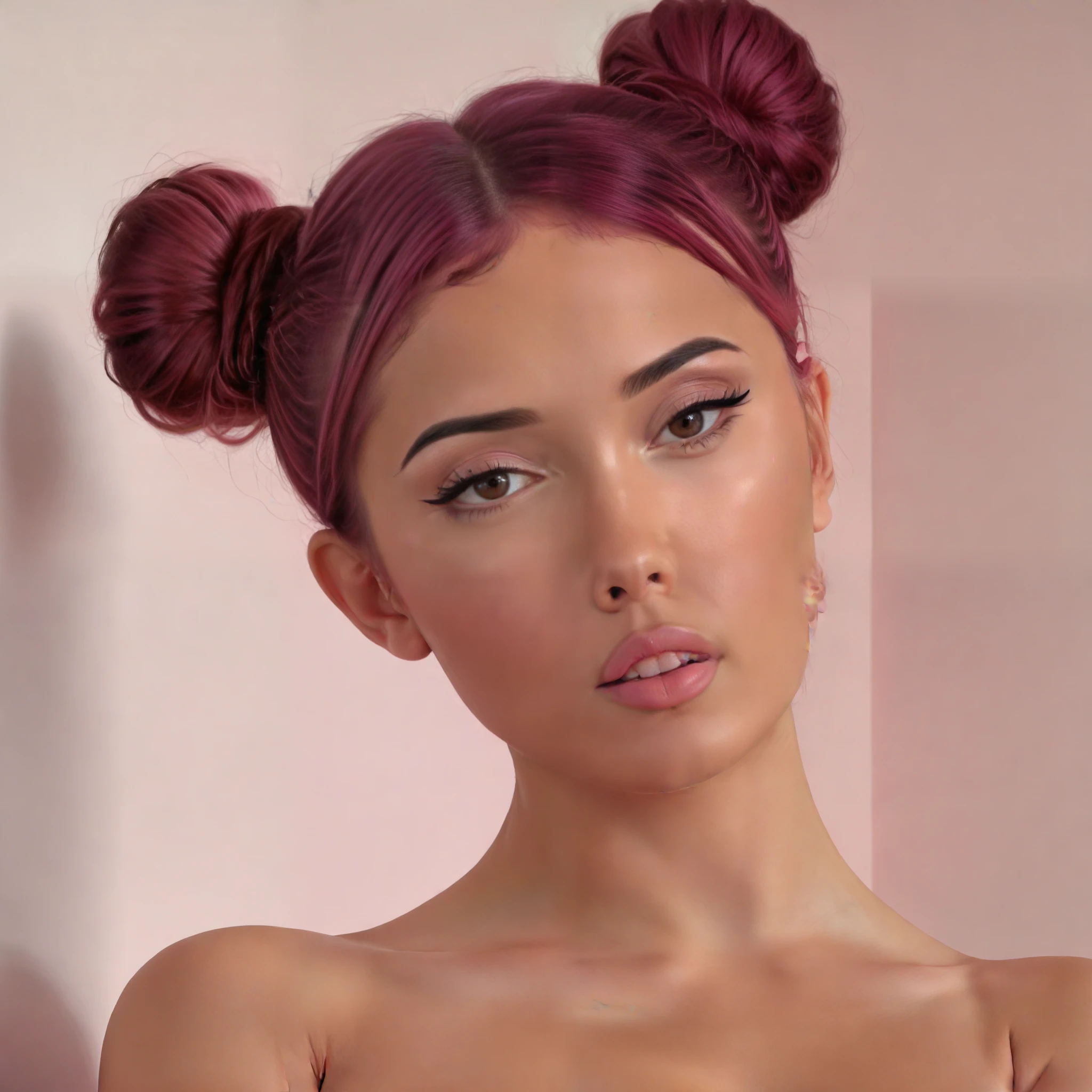 A sexy woman, 2 buns hair, hair up, pink hair, sexy look, perfect face, 8K UHD, Super Ultra Details, perfect, perfect face, masterpiece, naked, medium breast, pussy, seductive look, horny look, nude body, sitting down, facing camara
