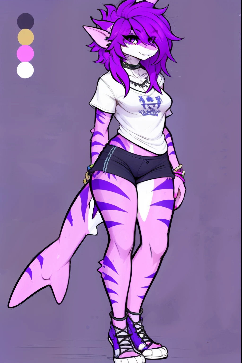 cel shading, detailed eyes, best quality, highly detailed, masterpiece, best quality, character adoptable, full body commission, solo female, reference sheet, character design, reference sheet, shark girl with shark snout and shark tail and shark fins, poofy hair, long hair, wide legs, flat chest, athletic body, choker, small , purplehair, large shark tail, pastel body colors, no clothes,
