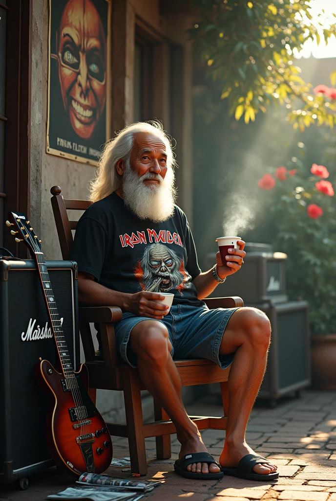 (photorealism:1.2) realistic high detailed definition Malay old man sitting on chair left hand hold cup of coffee and right hand hold cigarette smile face background filthy bricks wall on the street morning mode sunlight effect silhouette wearing shirt black shirt wrote iron maiden full body wearing glasses long white hair short jeans wearing slippers wet floor flower tree and electric guitar on side marshall amplifier magazines on floor poster pink Floyd on wall
