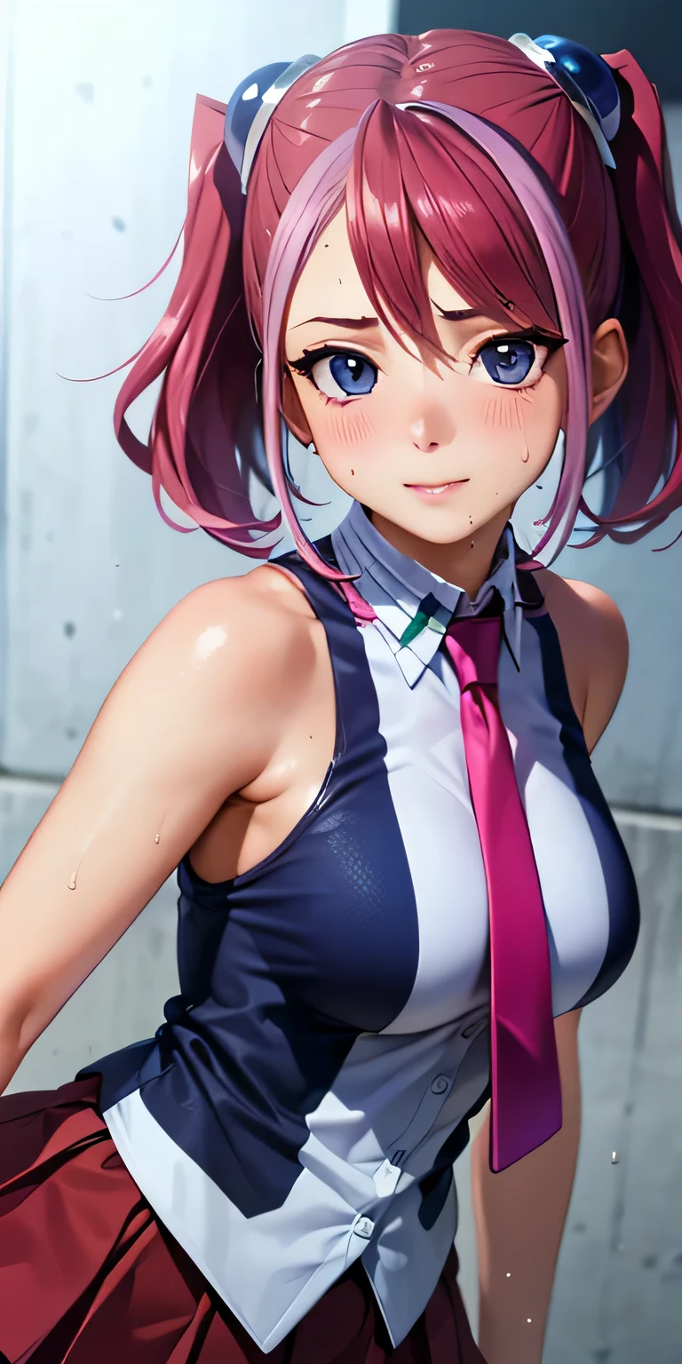 1 Female,High definition,high resolution,Ultra-realistic,8K, hy1, hair ornament, multicolored hair, necktie, skirt, sleeveless, , pink skirt, tight skirt,miniskirt, jewelry,European,sexy,Upper body close-up,Photographed from the front,Dynamic Angles,blush, medium , happy, wink the eye,facial, sweat,multicolored hair 