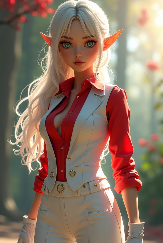 Hyper realistic, masterpiece, volumetric lighting, subsurface dispersion, photorealistic, animated style, volumetric lighting, Best Quality, intricate details, tone mapping, sharp focus, hyper detailed, absurdities, High resolution, Extremely fine full-body professional photography of, aura bella fiora, Red shirt, white vest, white pants, glove, green right eye, blue left eye, Elf&#39;s ears, pointy ears,huge butt