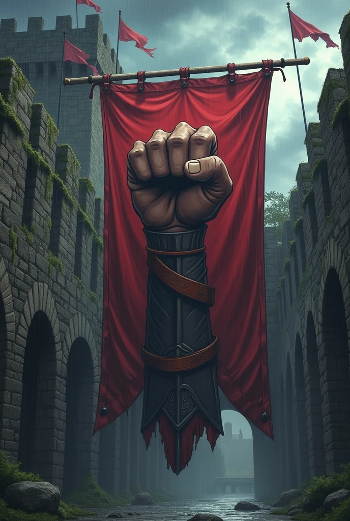 Medieval banner symbolizing a revolt that is of a closed anime-style fist