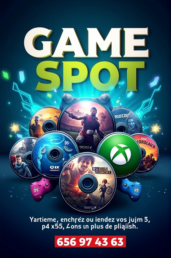 Je voudrais vendre des jeux ps4 , ps5 et Xbox . Le nom de ma boutique sera "GAME SPOT" et le numéro de téléphone whatsapp à contacter pour acheter des jeux sera "656 97 43 63". A partir de ces informations , je voudrais que tu me generes une affiche attrayante de vente de jeux vidéos , l'image doit bien refleter des disquettes de jeux ps4 et xbox aussi ,inclues aussi une identification visuelle de la marque Ps4 , et Xbox aussi , en incluant sur limage le nom de ma boutique et le numero de telephone whatsapp a contacter (656 97 43 63 ), ainsi que la phrase suivante : "achetez , échangez ou vendez vos jeux ps4, ps5, et xbox pour plus de plaisir " (en francais )