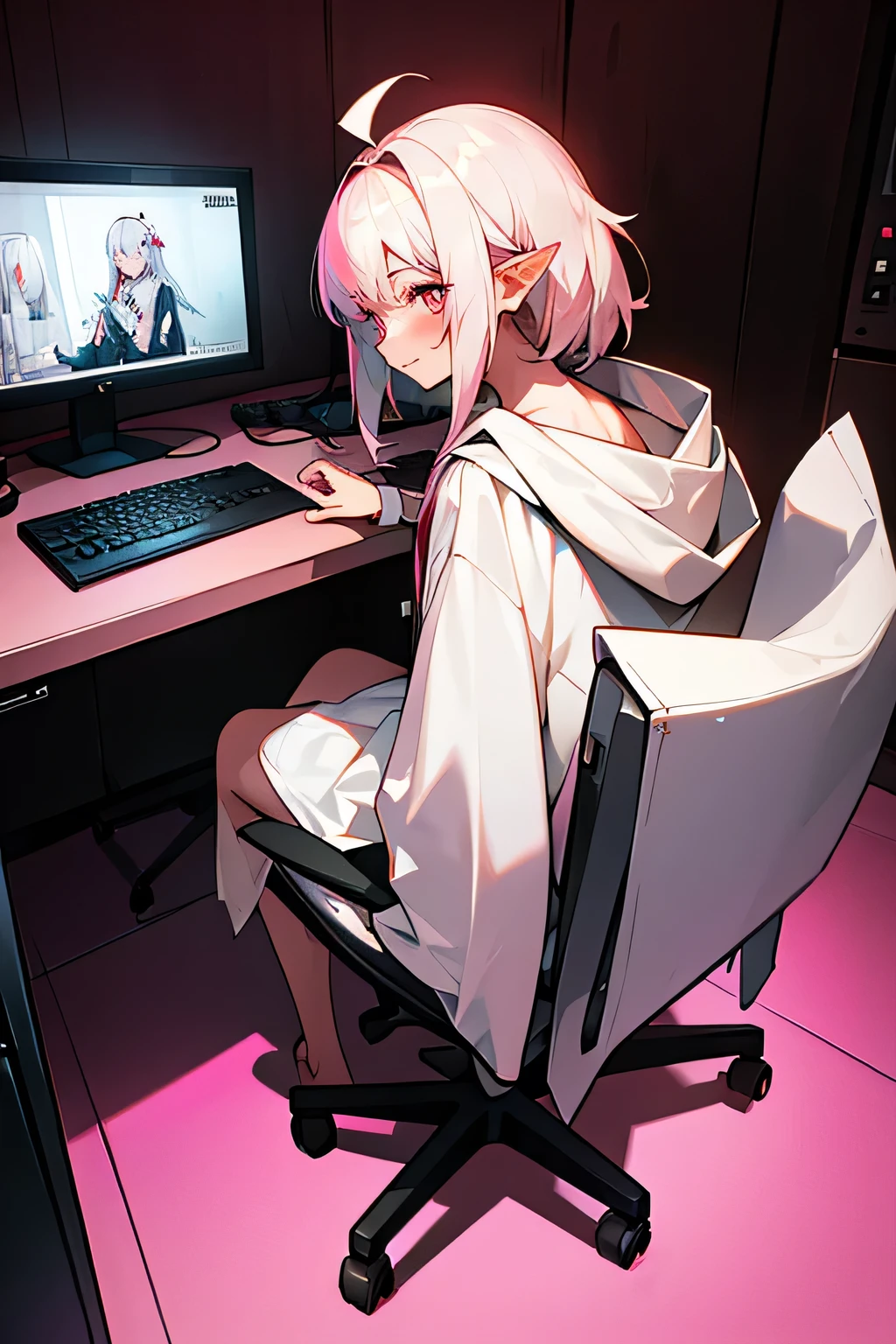 1 girl, standing alone, White hair, hooded cloak, ssmile, keyboard (computer), sitting down, elfo, pointy ears (( FPS gaming PC display.)) (White hair),White hair laqueado,((hair with highlights)),short-cut,Ahoge, hooded cloak, looking ahead at viewer, , chair, tabletop, monitor, pink eyes, Inside the house,, overskirt, phone, virtual youtuber, long hair, blush, long sleeves, bangss, pink hooded cloakie, hair ornament,cloused mouth, office chair, jaket, looking back, hooded cloak down,from sideways, only two monitors