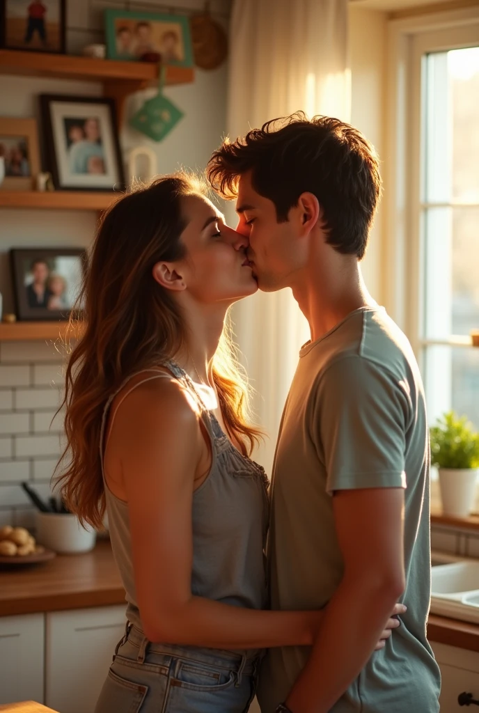 Pretty middle aged mum kissing handsome son