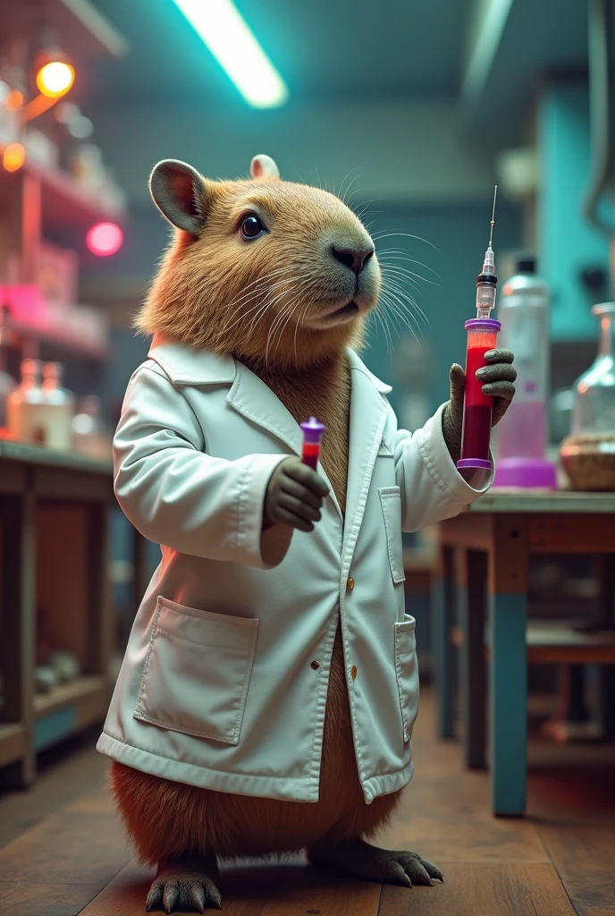 CAPYBAR IN A LAB COAT WITH A SYRINGE IN ONE HAND AND A PURPLE-TOP TUBE OF BLOOD IN THE OTHER HAND