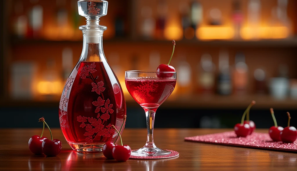 create a glass bottle for a cherry liqueur company, the name is: Cherry Rubi. What should convey: elegance and sophistication; with a glass full of cherry liqueur in front of the bottle.