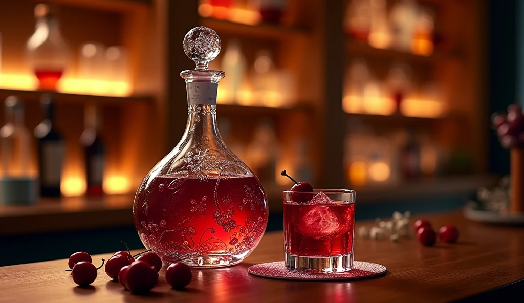 create a glass bottle for a cherry liqueur company, the name is: Cherry Rubi. What should convey: elegance and sophistication; with a glass full of cherry liqueur in front of the bottle.