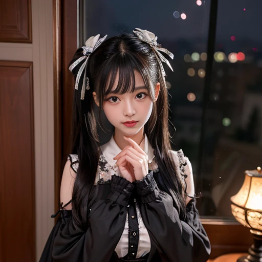 best quality, Delicate face,beautiful visual work, lifelike, eternity, black hair, Smile, Detailed Background, Delicate face,blush,cold,((masterpiece))、(top quality)、8k、high detail、Super detailed,31-year-old female, masterpiece、born、Scenes resembling fairy tale illustrations、intricate details和複雜的設計、Beautifully、magic、capricious、 Beautifully、Dream aesthetics、「𝓡𝓸𝓶𝓪𝓷𝓽𝓲𝓬、ethereal、charming、fickle、magic」、realism、Visual effects、FXAA、SSAO、Shader、voiceless、ambient lighting、Tone mapping、High resolution、Ultra high quality、Million pixels、(8K resolution:1.10)、8k、8k以下、8K resolution、high detail、intricate details, (high quality:1.2、masterpiece:1.2、:1.21)、(31-year-old female:1.21)、(興奮地Smile)、(Surrounded by a dreamy atmosphere、Model diagram,full-body shot,Normal 2 feet,Put your hands behind you, Large Breasts, H cup chest,Twin tails tied with a bow。
