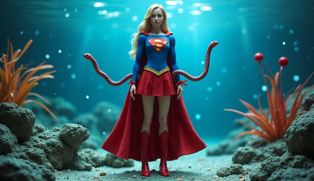 Supergirl、1/6th scale adult figure、(((In a large aquariumにワームのフィギュアがたくさん)))、SFW、Hands tied、Worm figures wrapped around both legs、(((In a large aquariumにレイアウトしたA large number of worm figures)))、Accurate Supergirl costume、(((In a large aquarium)))、(((A large number of worm figures)))、(((A large number of worm figures)))、