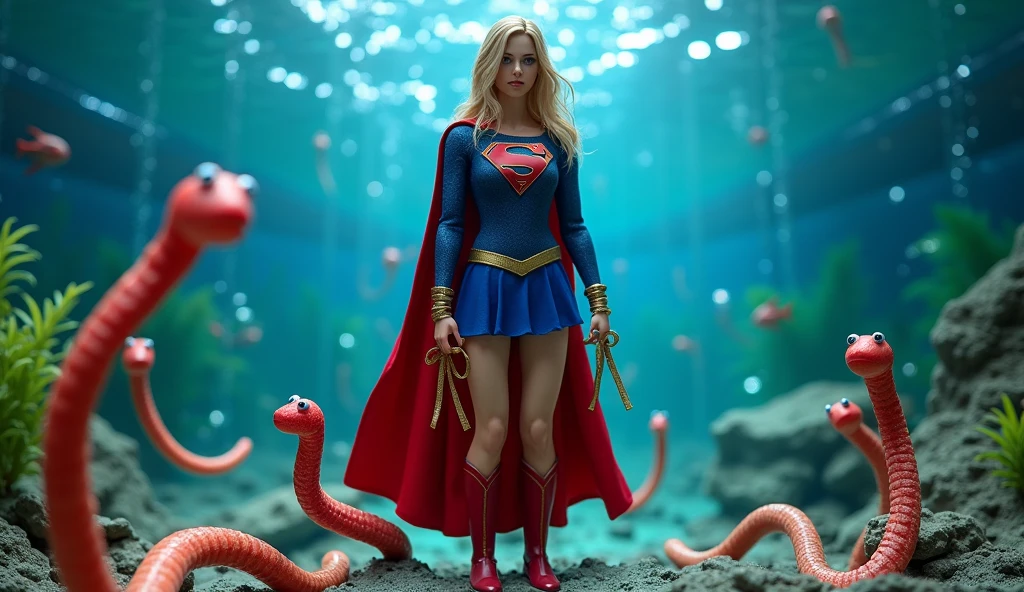 Supergirl、1/6th scale adult figure、(((In a large aquariumにワームのフィギュアがたくさん)))、SFW、Hands tied、Worm figures wrapped around both legs、(((In a large aquariumにレイアウトしたA large number of worm figures)))、Accurate Supergirl costume、(((In a large aquarium)))、(((A large number of worm figures)))、(((A large number of worm figures)))、