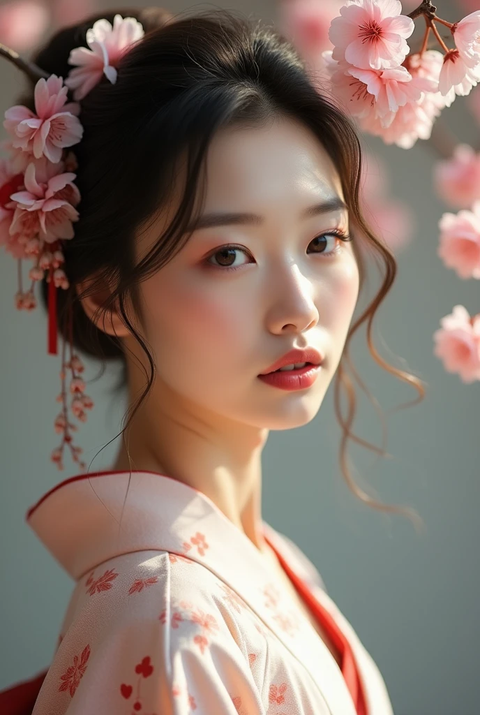 An elegantly dressed Japanese woman in natural light、A close-up of her chest and calm expression.、It shows her inner peace and outer charm.。