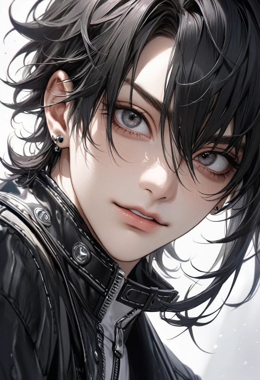 Ultra-high resolution,(Realistic:1.4), ((Highest quality)), ((masterpiece)), Black hair, ruffled fluffy hair, curly hair, Short Hair、Flowing bangs、black eyes,Cool guy,Musician、Close-up、adultの歳,Short bangs,Cool piercings,Sparkling、Sidelong glance、Alluring、adult、looks strong、Visual Kei、Handsome、HYDE、Droopy eyes、Singing、Charisma、juvenile、Beardless、Droopy eyes, mascular, racer clothing 