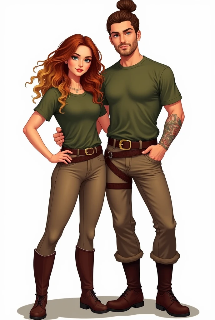 Illustration 2D sur fond blanc. Femme, cheveux longs bouclés châtain avec un ombré hair blond, yeux noisettes, t-shirt vert militaire et pantalon d'équitation marron avec ceinture et boots marron.
Avec un homme, peau claire sans tatouage, cheveux châtain attachés chignon en haut et cheveux du bas lâchés, yeux bleus, barbe d'une semaine, t-shirt vert militaire