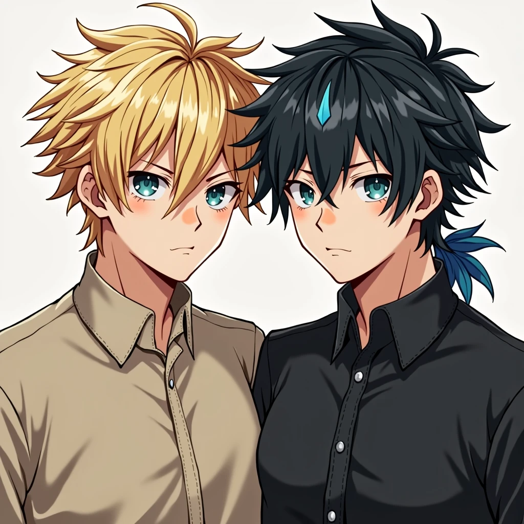 twins, young men, one twin blonde hair and beige clothing, other twin black hair with blue streaks and black clothing, both blue eyes, serious facial expression, distinctive facial features, realisti, muscular