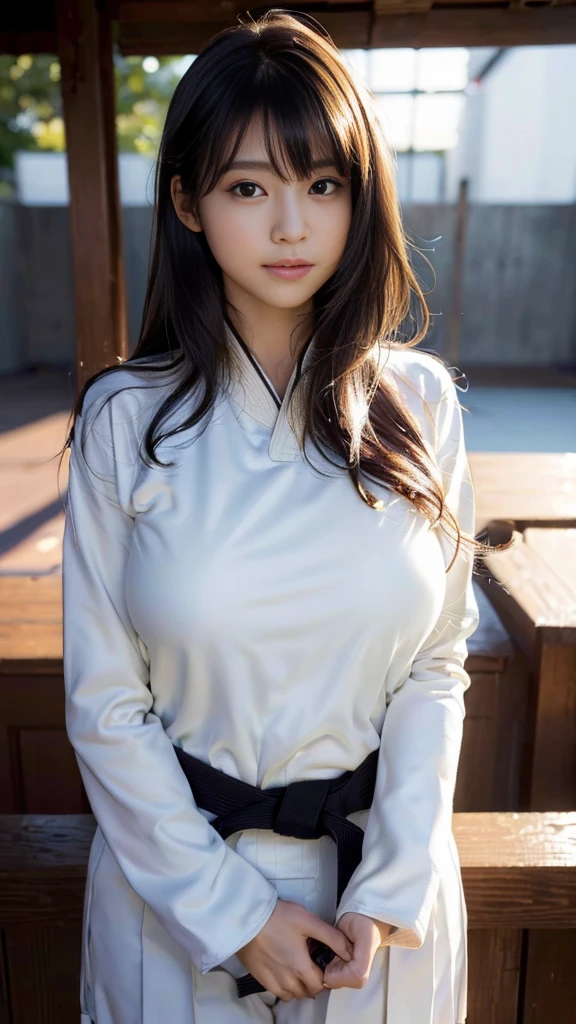 masterpiece, Highest quality，16K, Ultra-high resolution，The light and shadow of reality，Cinema Lenses，(((Very firm and shapely beautiful large breasts))),((High nose、Small Mouth)),((Clean and slim face line)),((Big dark eyes with long eyelashes)),((Very small face)),((She is very thin and has a great figure)),((Pure white beautiful skin)),((Cute Japan)),((((She is wearing a long-sleeved Judo uniform.)))), (((Black belt))),(((Detailed clothing))),((((At the Judo venue )))),(Beautiful Eyes:1.1)，Reflecting clear eyes and a gentle smile,