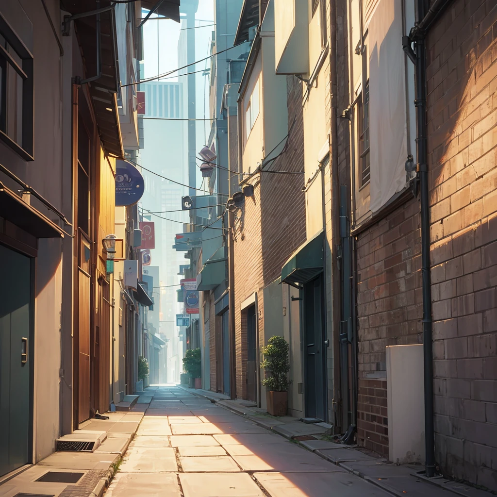 An alley in the city on a quiet evening, devoid of people.