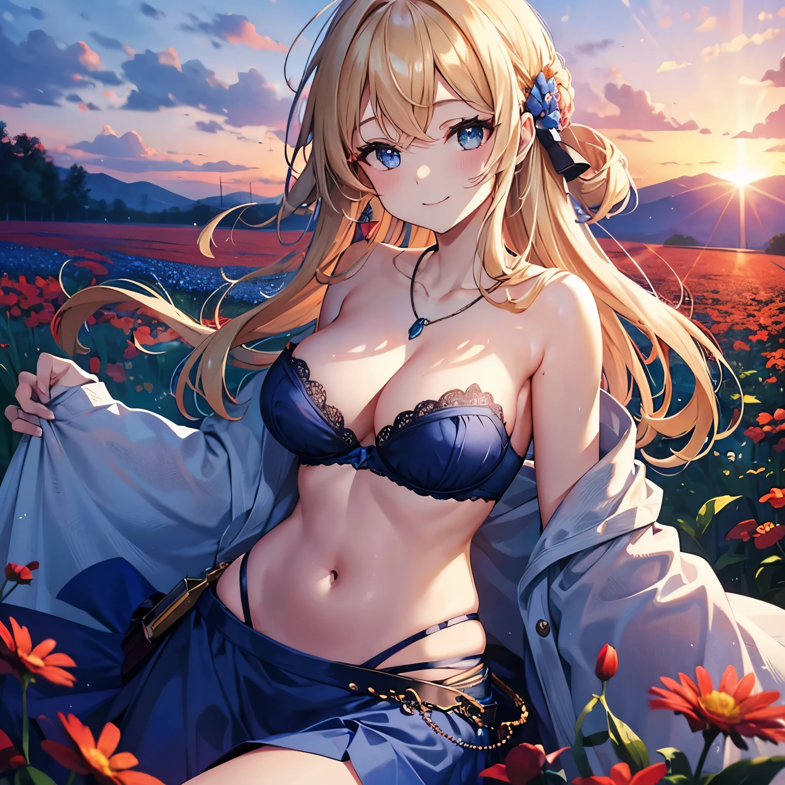 A woman, large breasts, shoulders, bare stomach, strapless blue bra, blue skirt, necklace, red flower pin, sunset, outside, flower field, smile, blond hair, blue eyes.