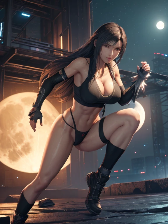 ((Master quality, 8K, masterpiece:1.3, ultra-detailed, high resolution, RAW Photos, detailed , blurry, Actual, hyper realistic, photo, HDR)), BREAK, perfect((( anatomy, hands, fingers, legs, feet ))), detailed eyes, BREAK, One person alone, ff7r style, tifa lockhart, beautiful face, beautiful brown eyes, (dynamic posing ), long hair, ( Round and Stacked Breasts ), Cleavage, abs, seductive smile:1.5, Sweat-soaked skin, BREAK, , wearing( ) , Graffiti art, BREAK, ( Random Angle, full-body, ), dynamic angle, , background(Realistic , cinematic lighting, depth of field, night , the full moon,, cyberpunk city atmosphere light particles, , )