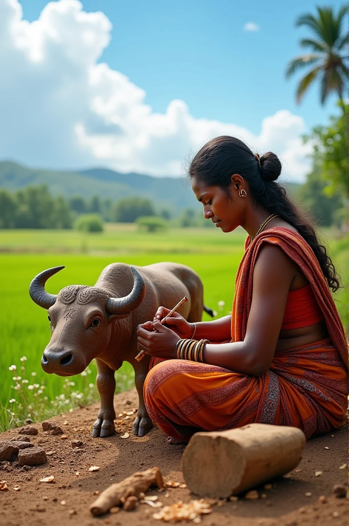 Poor indian woman making a big baffalo out of woods