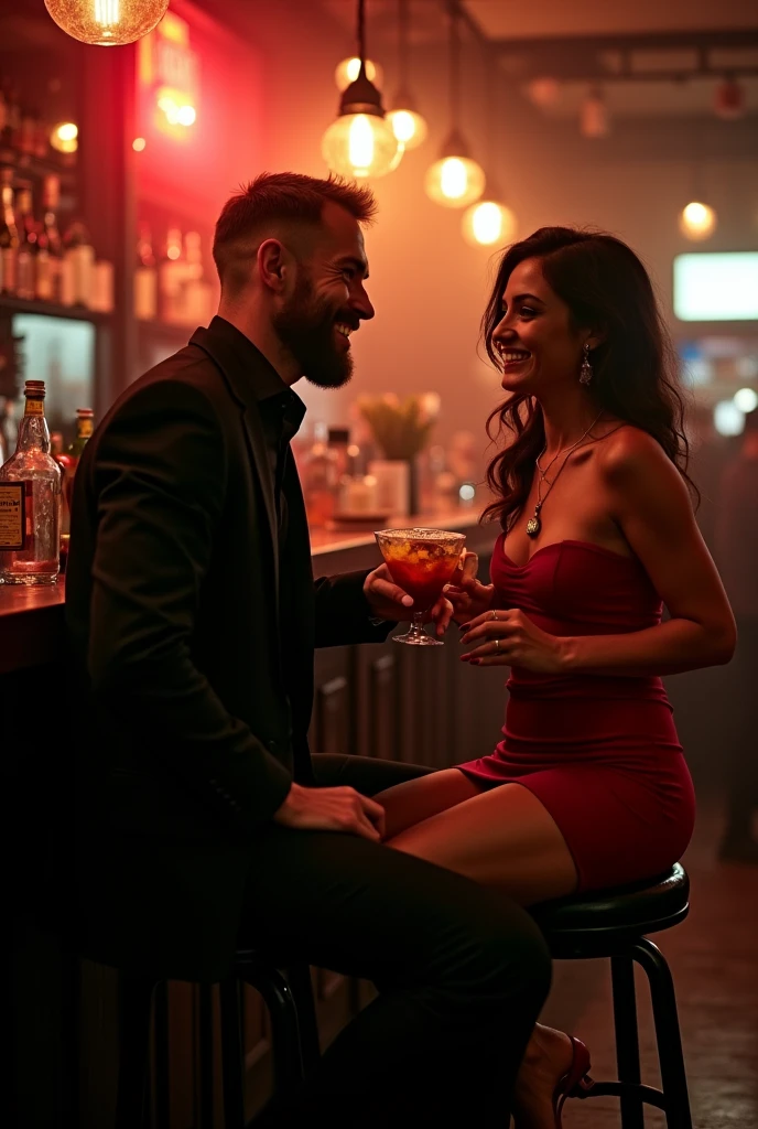 Rolf (39 Years old) living in Berlin, dressed in black, Tall skinny, with a beard, a little drunken and used looking, light and nearly bald, big smile,
Cute butt, sitting in a bar drinking with Tessa (33), blond skinny tall hot trained, bigger boobs, huge ass, dressed in a short red dress, tiny teeth, tanned from a summer vacation in Italy