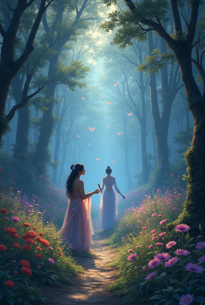 Create an enchanting and whimsical scene depicting a mystical forest glade at twilight. Zephyr, a gentle breeze, is personified as a delicate, winged figure singing a soothing melody, while a charming Black Bee plays a lute, adding to the serenade. Usha, the goddess of dawn, stands gracefully, bidding the assembly to dance. Fragrance, personified as a lovely maiden, is lost in the rhythm, her movements captivating. In the foreground, the Kumbhatua bird, adorned with royal regalia, begins to recite an ode, while the Kalinga bird, the premier panegyrist, appears with a sweet, melodious voice, urging the Queen of Chaste Ladies to awaken as night dawns. Incorporate lush foliage, vibrant flowers, and soft, ethereal lighting to evoke a sense of wonder and magic. The atmosphere should be dreamy, with a touch of mysticism, as if the forest itself is coming alive to pay tribute to the Queen.