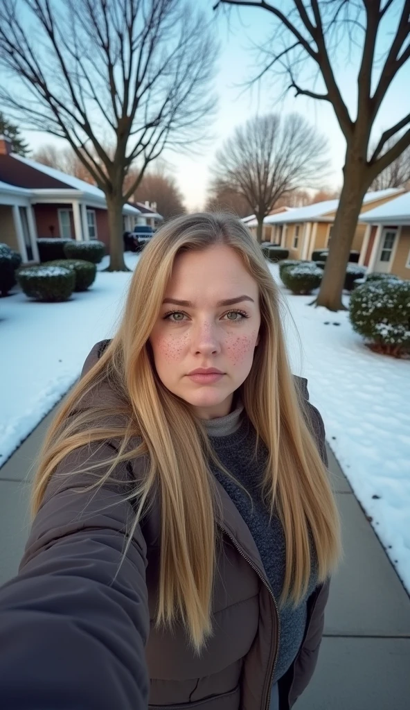 chubby woman, 40 years old white Caucasian woman walking outside, day time, Mississippi, Gulfport, cold winter day, long straight blonde messy hair, casually and daily dressed, big hips, thick thighs, casual winter clothed, natural big breasts, Full Body Shot, From Above View, High Angle View, selfie, serious, selfie point of view, acne face