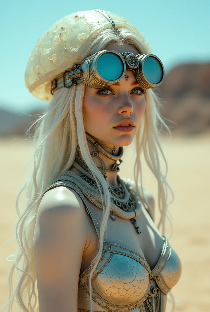 Ethereal Cyborg Woman, bioluminescent jellyfish tiara. Steampunk goggles merge with translucent tentacles. Cracked porcelain skin meets iridescent scales. Mechanical implants and delicate tendrils intertwine. Human characteristics with an otherworldly glow. Dreamy aquatic tones contrast with aged metal. Reflective eyes capture invisible worlds. Gentle bioluminescence meets a harsh desert landscape. Fusion of organic and synthetic, ancient and futuristic. Hyper-detailed textures, surreal atmosphere.