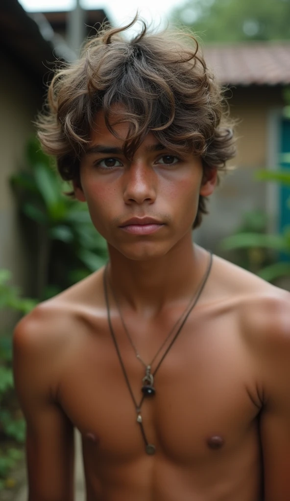 Sensual photo of a , unruly hair, Light brown eyes, He is in a backyard in the favela , he is naked, He is looking sensually at the camera, homem gay sensual , big thick penis filled with semen, ejaculating very completely dirty, gorgeous penis , , Show Penis