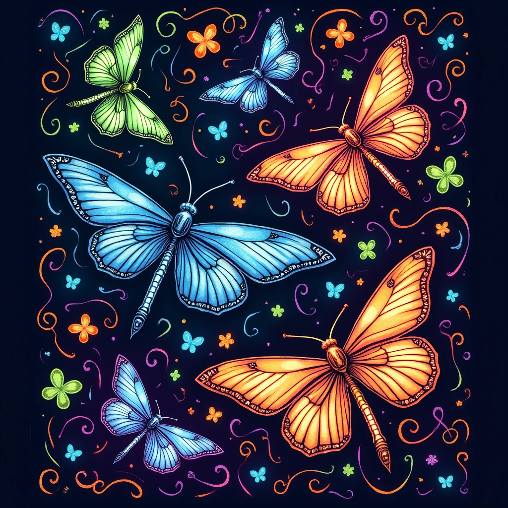 a design of butterflies and dragonflies in neon tones, flying between spiral patterns and organic shapes in colors like electric blue, Deep orange and acid green.

