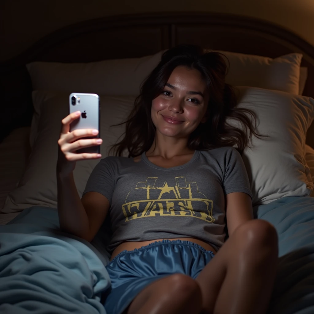 Brunette female influencer, POV selfie,  laying down taking a selfie, blankets at her waist, wearing a vintage Starwars t-shirt and blue satin thong panties, camera flash, night time, in bed, taken with an iPhone 15