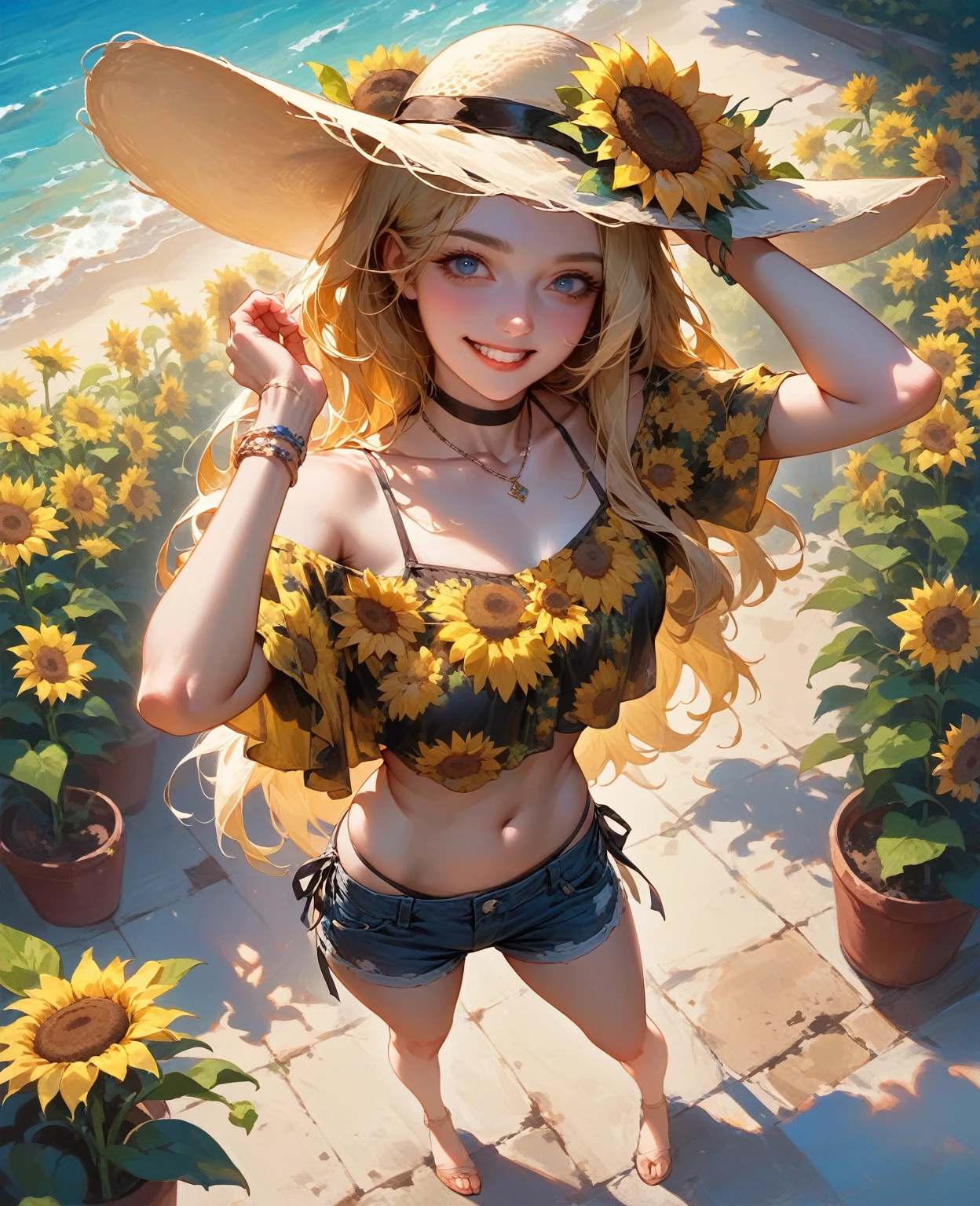 masterpiece, best quality, highres, wide angle, from above, 1girl, blonde hair, long hair, multicolored hair, blue eyes, jewelry, necklace, choker, black bikini, floral print, bracelet, side-tie bikini bottom, cowboy shot, in sunflower garden, shining sun, wearing a off shoulder shirt and denim shorts and a sun hat, full body veiw, standing, grin, straight-on, one arm hold the hat, air flowing