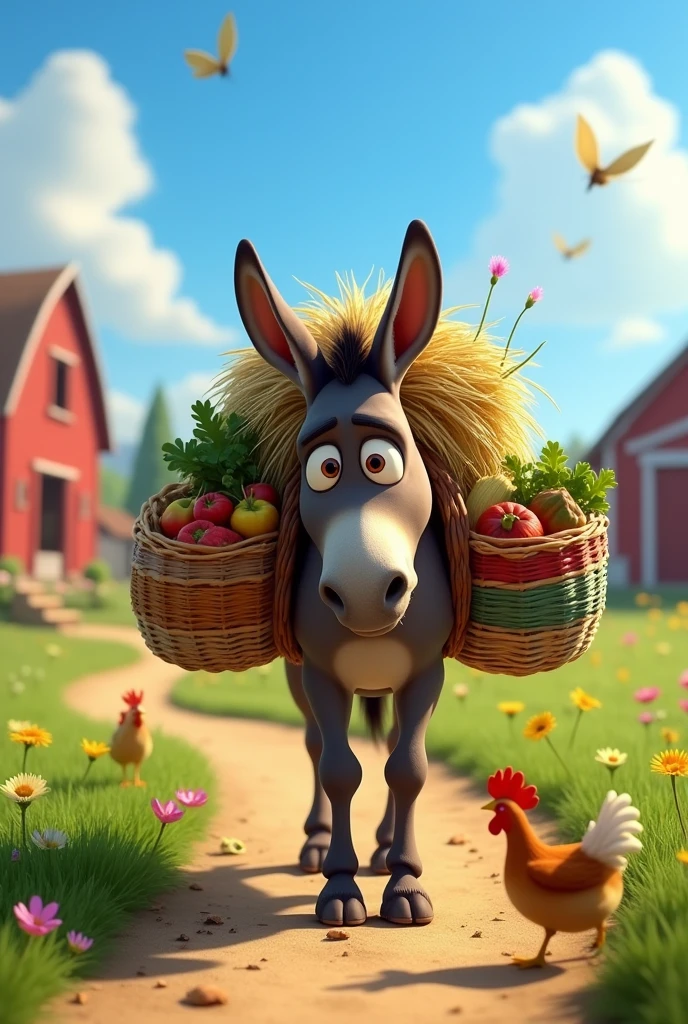 loaded and tired donkey walking through the farm pixar style